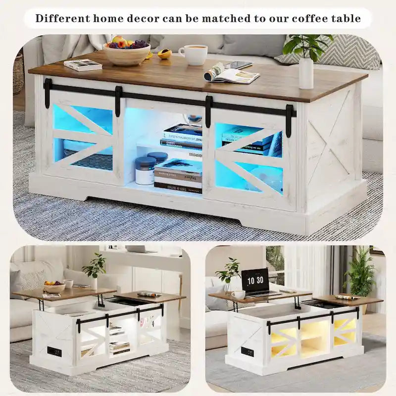 Table basse à LED avec plateau relevable et porte coulissante style grange
