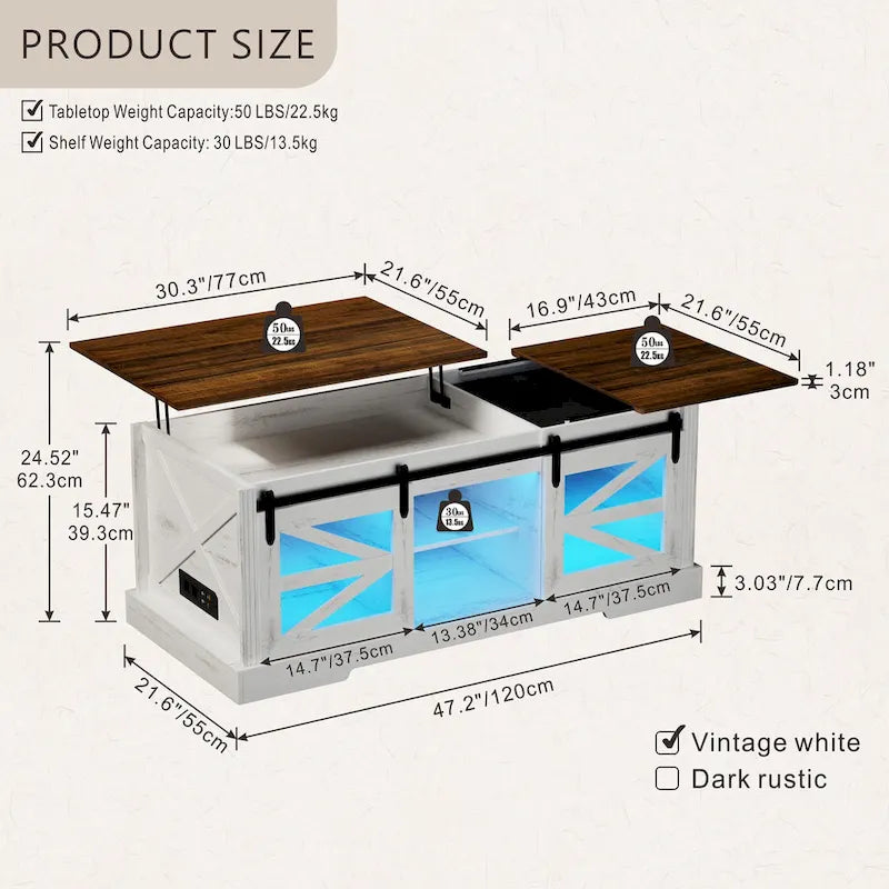 Table basse à LED avec plateau relevable et porte coulissante style grange