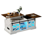 Table basse à LED avec plateau relevable et porte coulissante style grange