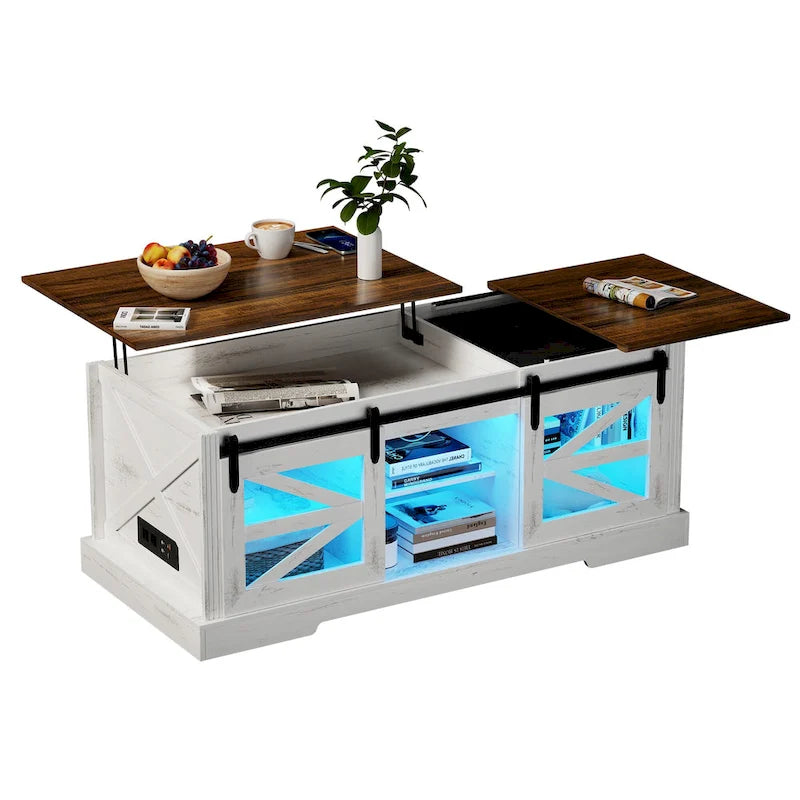 Table basse à LED avec plateau relevable et porte coulissante style grange