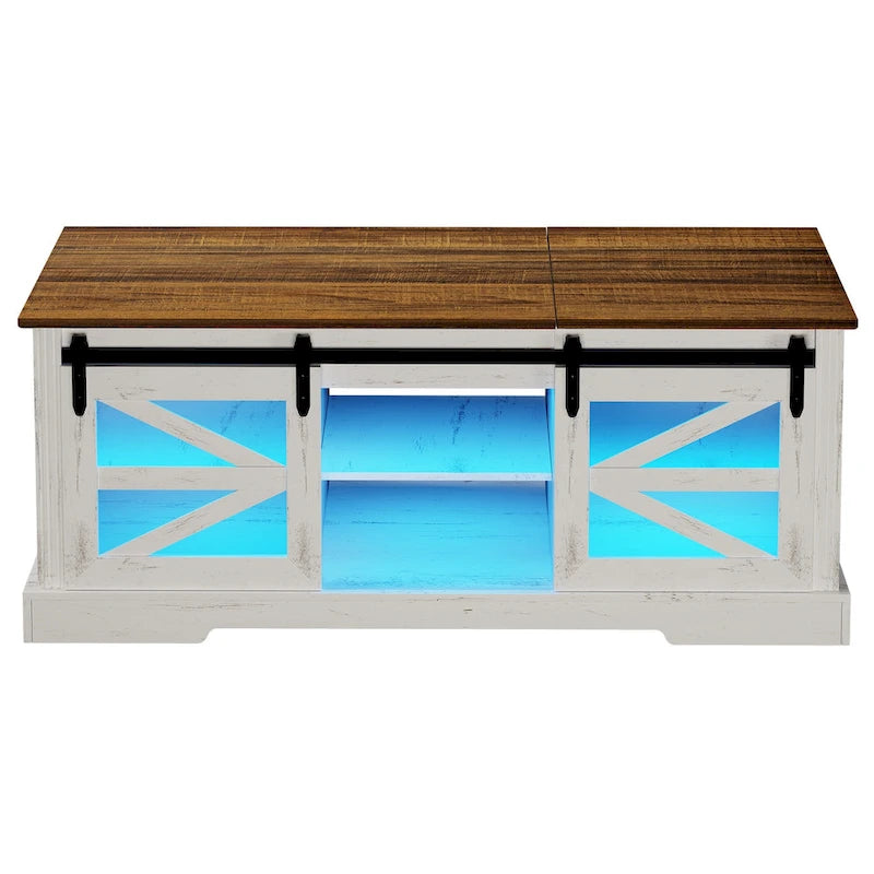 Table basse à LED avec plateau relevable et porte coulissante style grange