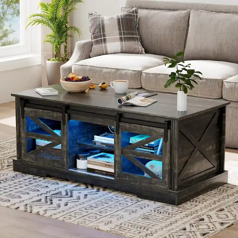Table basse à LED avec plateau relevable et porte coulissante style grange