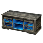 Table basse à LED avec plateau relevable et porte coulissante style grange