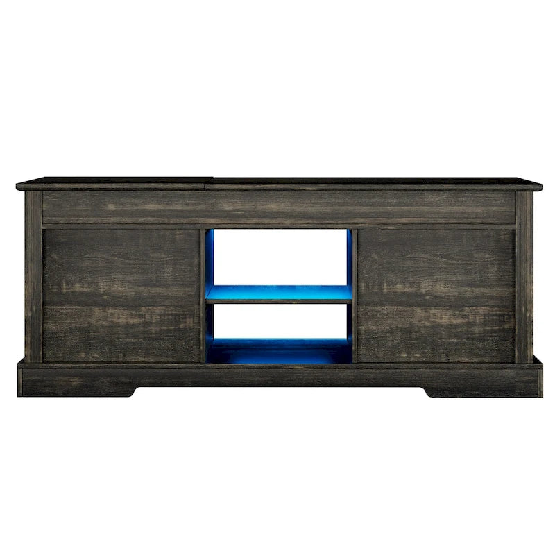 Table basse à LED avec plateau relevable et porte coulissante style grange