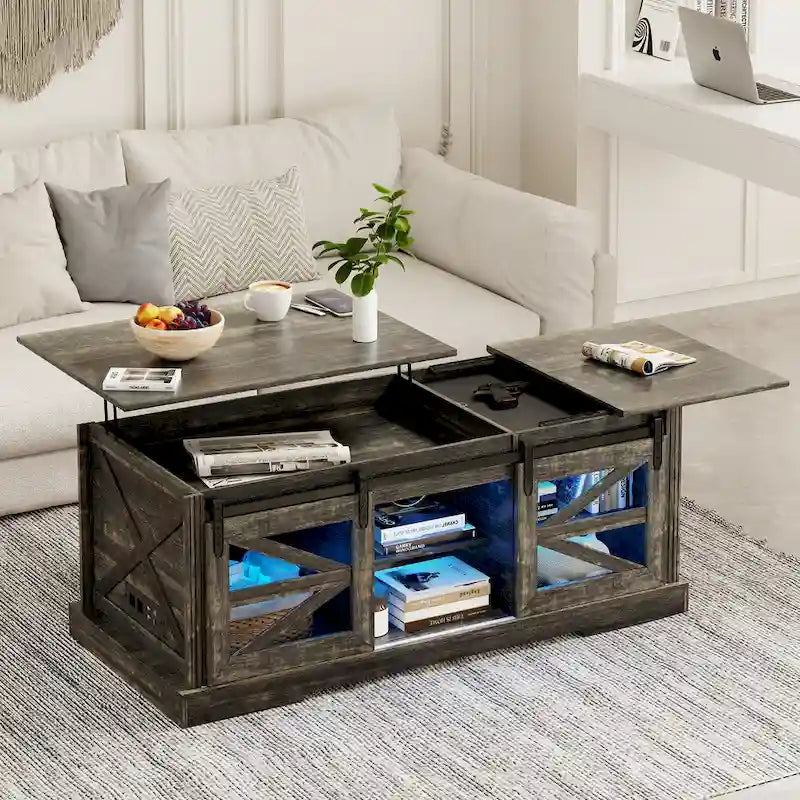 Table basse à LED avec plateau relevable et porte coulissante style grange