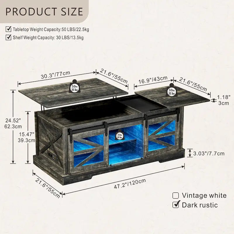 Table basse à LED avec plateau relevable et porte coulissante style grange