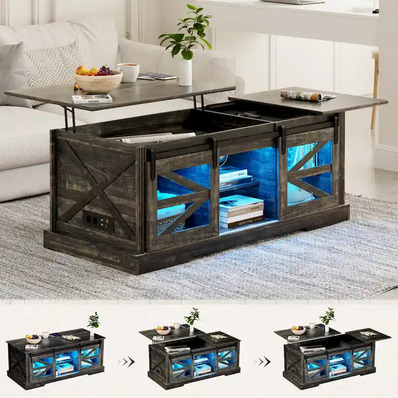 Table basse à LED avec plateau relevable et porte coulissante style grange
