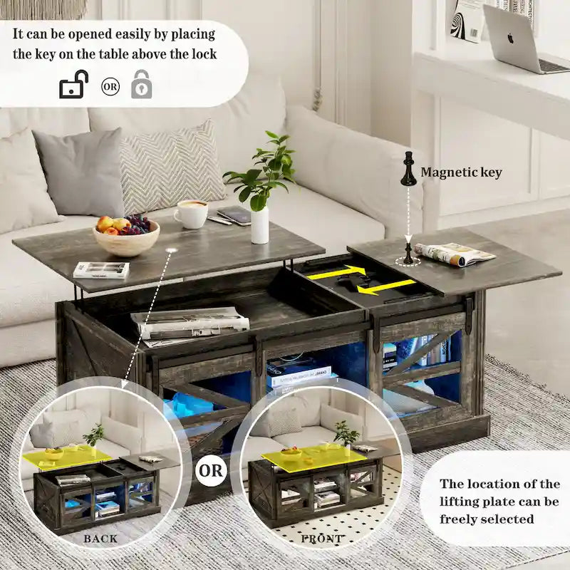 Table basse à LED avec plateau relevable et porte coulissante style grange