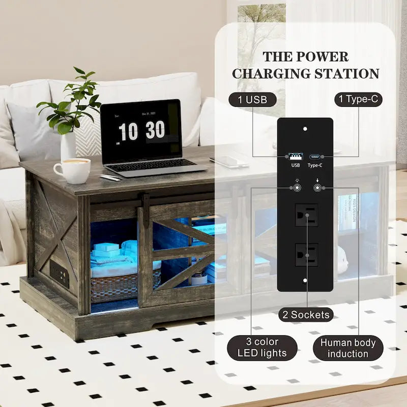 Table basse à LED avec plateau relevable et porte coulissante style grange