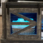 Table basse à LED avec plateau relevable et porte coulissante style grange