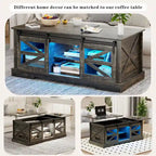 Table basse à LED avec plateau relevable et porte coulissante style grange