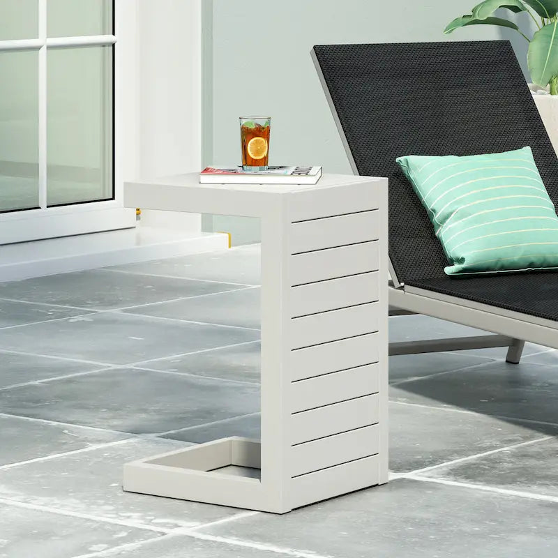 Coral 24 Inch White Metal Side Table C-Shaped Design Outdoor Aluminum