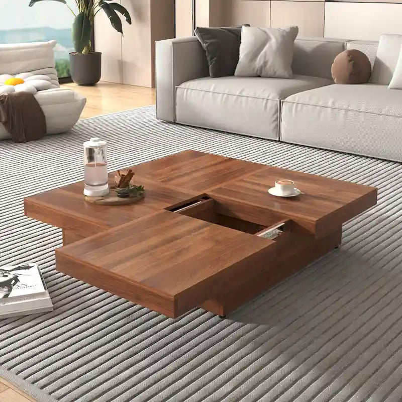 39.4 Sliding Top Coffee Table, Slide Table With 4 Storage Compartments, Farmhouse Square Marble Veneer Coffee Table
