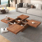 Table basse à plateau coulissant de 99,4 cm, table coulissante avec 4 compartiments de rangement, table basse carrée en placage de marbre de style ferme