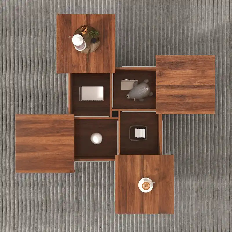 Table basse à plateau coulissant de 99,4 cm, table coulissante avec 4 compartiments de rangement, table basse carrée en placage de marbre de style ferme