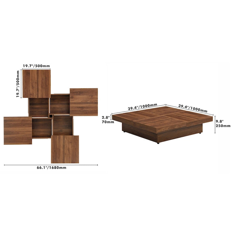 Table basse à plateau coulissant de 99,4 cm, table coulissante avec 4 compartiments de rangement, table basse carrée en placage de marbre de style ferme