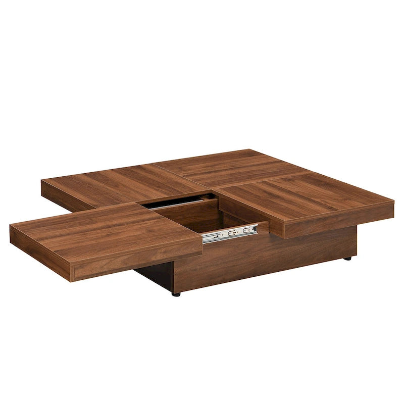 Table basse à plateau coulissant de 99,4 cm, table coulissante avec 4 compartiments de rangement, table basse carrée en placage de marbre de style ferme