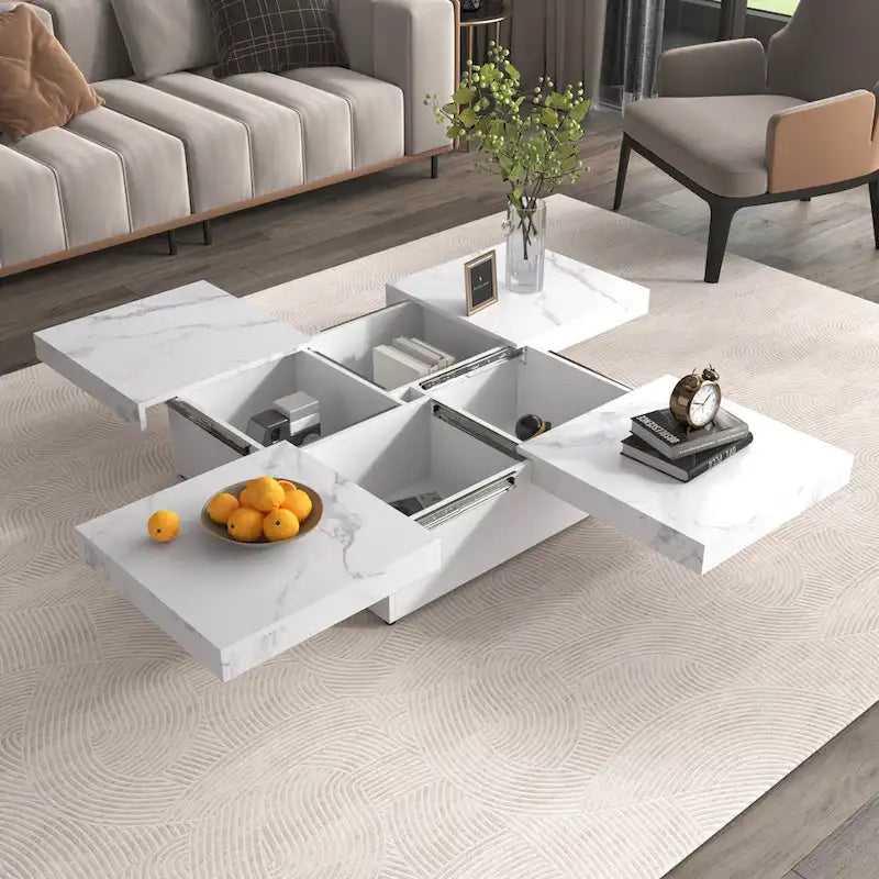 Table basse à plateau coulissant de 99,4 cm, table coulissante avec 4 compartiments de rangement, table basse carrée en placage de marbre de style ferme