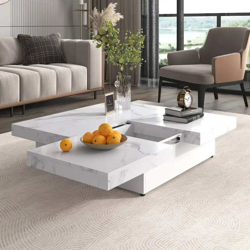 Table basse à plateau coulissant de 99,4 cm, table coulissante avec 4 compartiments de rangement, table basse carrée en placage de marbre de style ferme