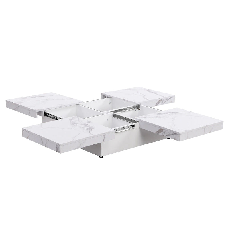 Table basse à plateau coulissant de 99,4 cm, table coulissante avec 4 compartiments de rangement, table basse carrée en placage de marbre de style ferme