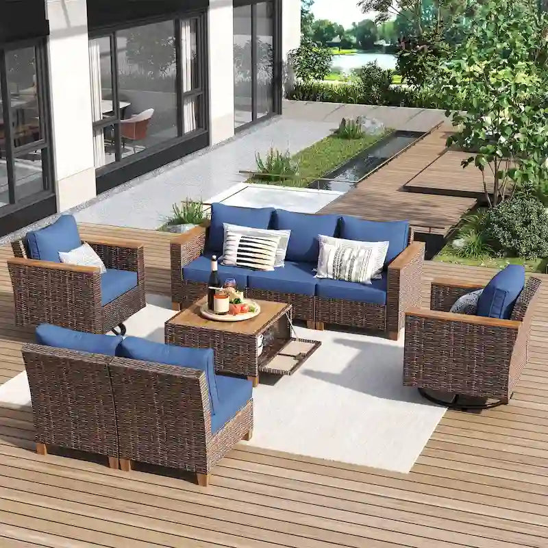 Ensemble de mobilier de patio 8 pièces avec table de rangement et fauteuils pivotants et à bascule en rotin, ensemble de conversation extérieur en osier pour jardin