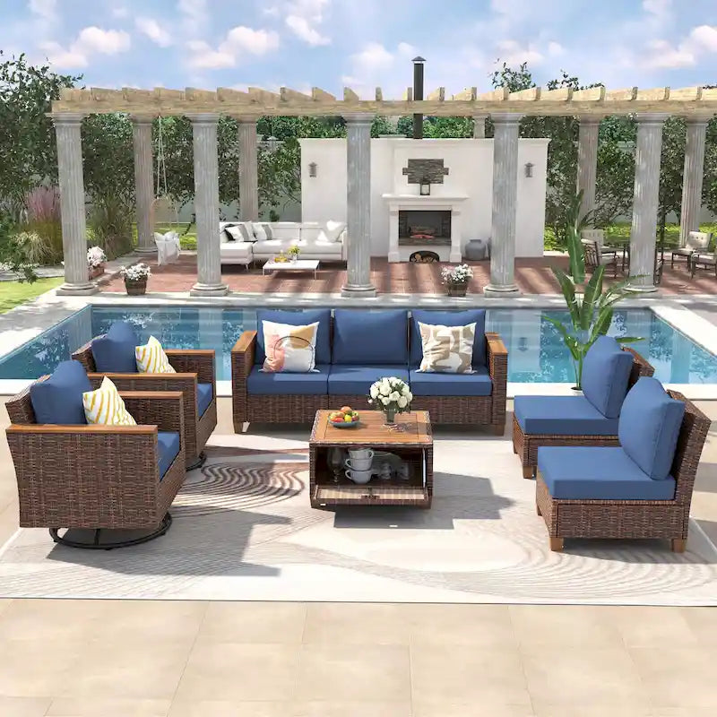 Ensemble de mobilier de patio 8 pièces avec table de rangement et fauteuils pivotants et à bascule en rotin, ensemble de conversation extérieur en osier pour jardin