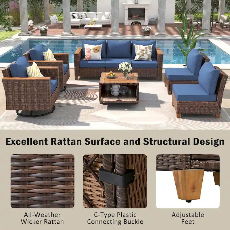 Ensemble de mobilier de patio 8 pièces avec table de rangement et fauteuils pivotants et à bascule en rotin, ensemble de conversation extérieur en osier pour jardin