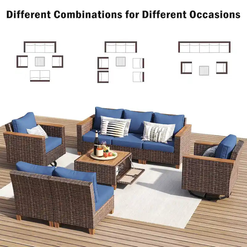 Ensemble de mobilier de patio 8 pièces avec table de rangement et fauteuils pivotants et à bascule en rotin, ensemble de conversation extérieur en osier pour jardin