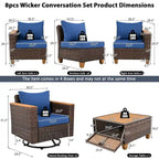 Ensemble de mobilier de patio 8 pièces avec table de rangement et fauteuils pivotants et à bascule en rotin, ensemble de conversation extérieur en osier pour jardin