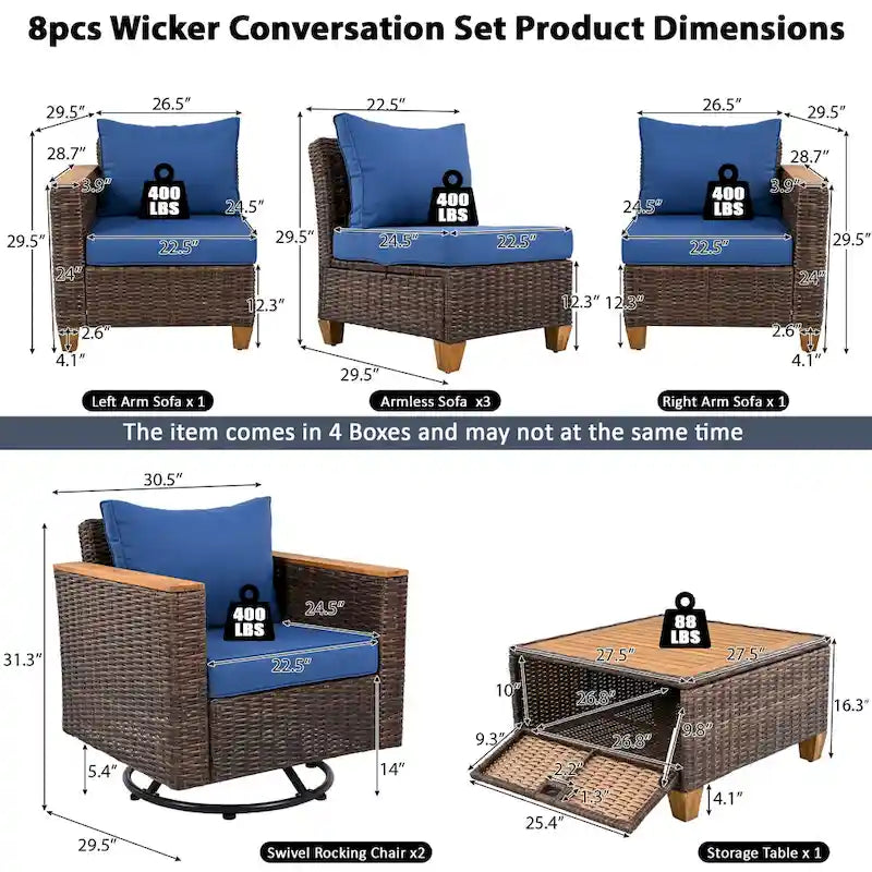 Ensemble de mobilier de patio 8 pièces avec table de rangement et fauteuils pivotants et à bascule en rotin, ensemble de conversation extérieur en osier pour jardin