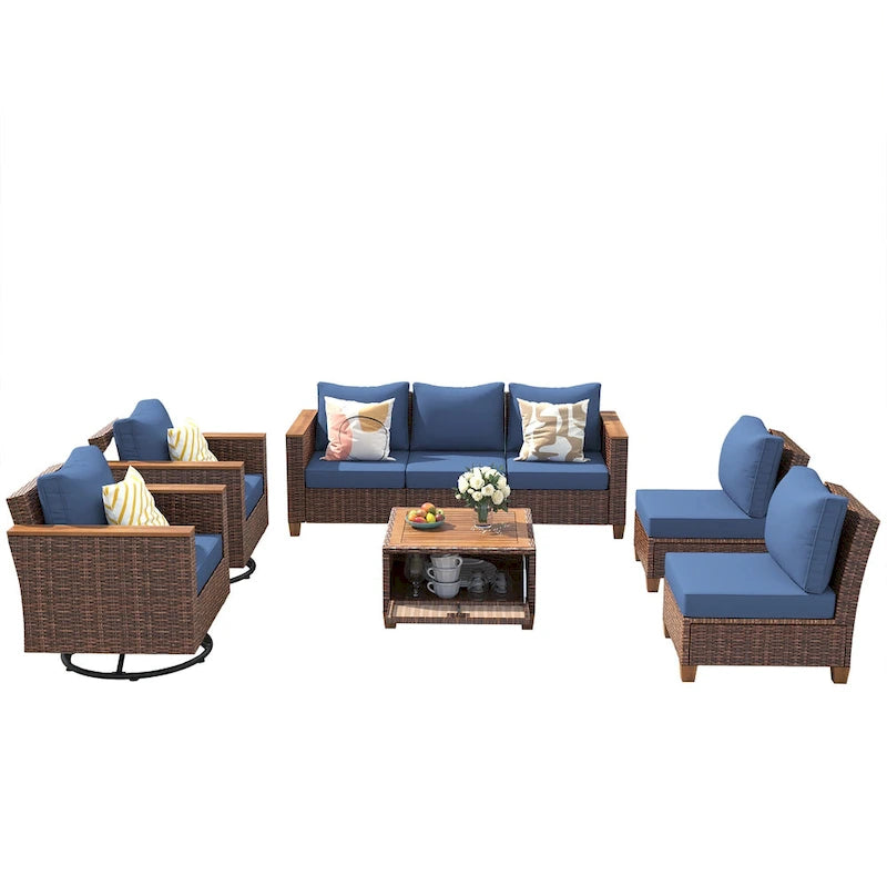 Ensemble de mobilier de patio 8 pièces avec table de rangement et fauteuils pivotants et à bascule en rotin, ensemble de conversation extérieur en osier pour jardin
