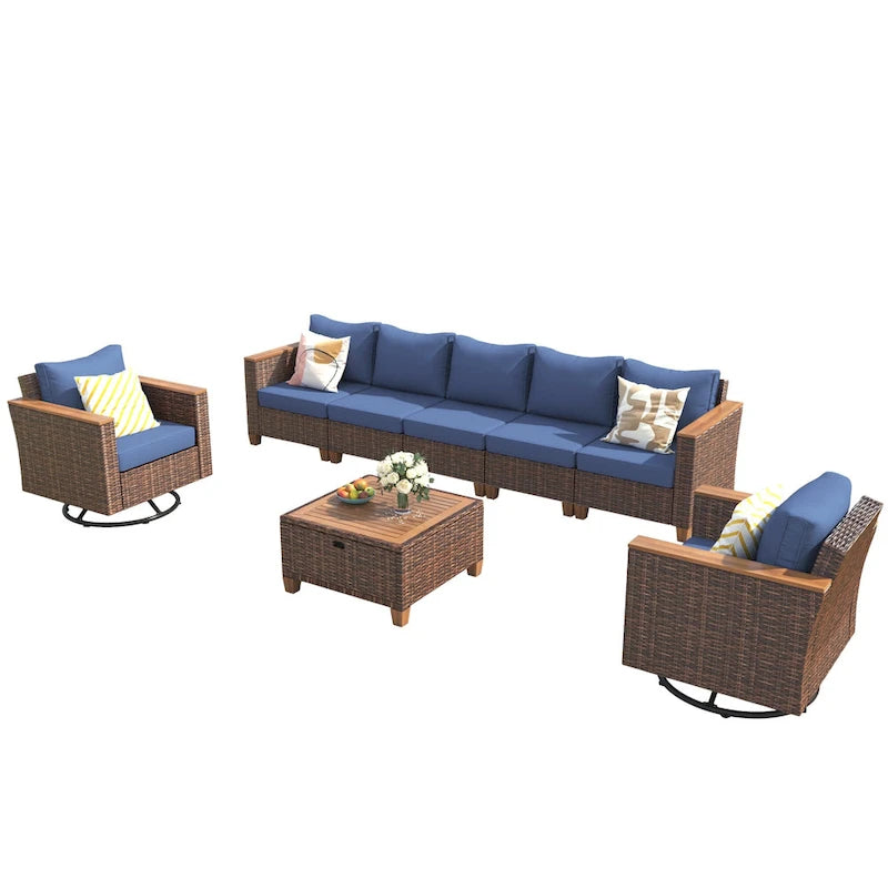 Ensemble de mobilier de patio 8 pièces avec table de rangement et fauteuils pivotants et à bascule en rotin, ensemble de conversation extérieur en osier pour jardin
