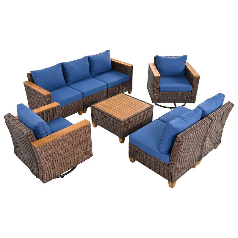 Ensemble de mobilier de patio 8 pièces avec table de rangement et fauteuils pivotants et à bascule en rotin, ensemble de conversation extérieur en osier pour jardin