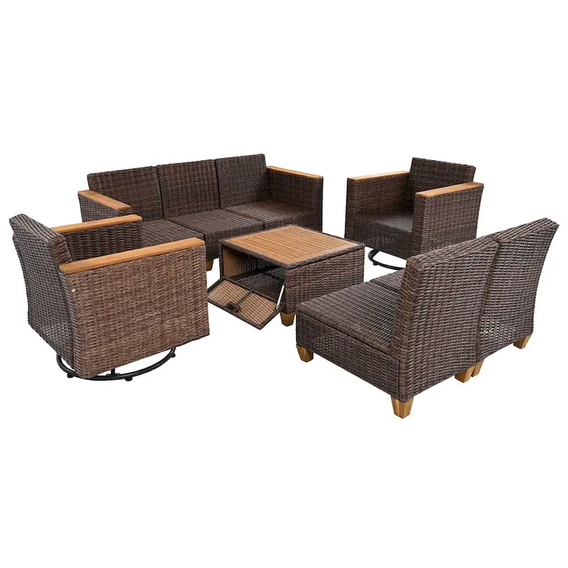 Ensemble de mobilier de patio 8 pièces avec table de rangement et fauteuils pivotants et à bascule en rotin, ensemble de conversation extérieur en osier pour jardin