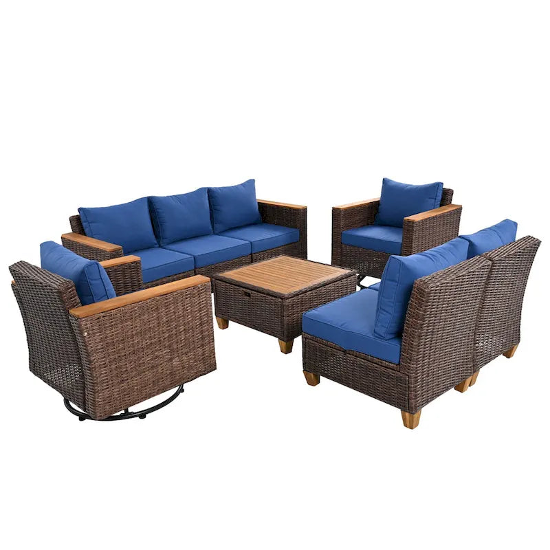 Ensemble de mobilier de patio 8 pièces avec table de rangement et fauteuils pivotants et à bascule en rotin, ensemble de conversation extérieur en osier pour jardin