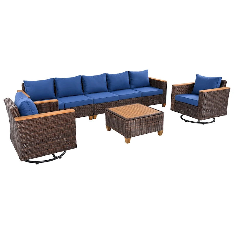 Ensemble de mobilier de patio 8 pièces avec table de rangement et fauteuils pivotants et à bascule en rotin, ensemble de conversation extérieur en osier pour jardin