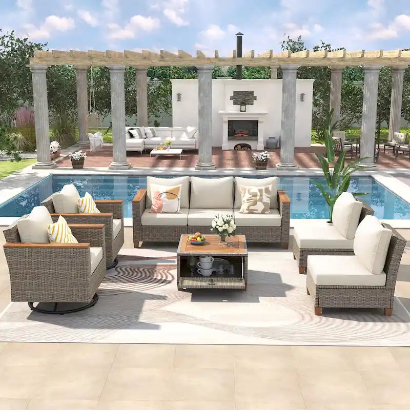 Ensemble de mobilier de patio 8 pièces avec table de rangement et fauteuils pivotants et à bascule en rotin, ensemble de conversation extérieur en osier pour jardin