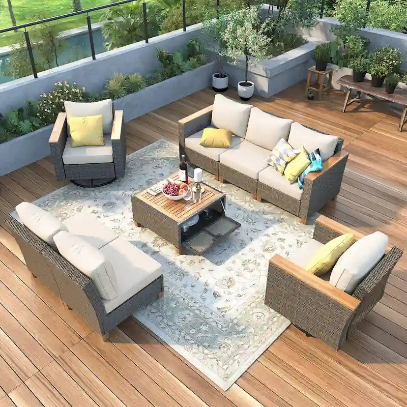 Ensemble de mobilier de patio 8 pièces avec table de rangement et fauteuils pivotants et à bascule en rotin, ensemble de conversation extérieur en osier pour jardin