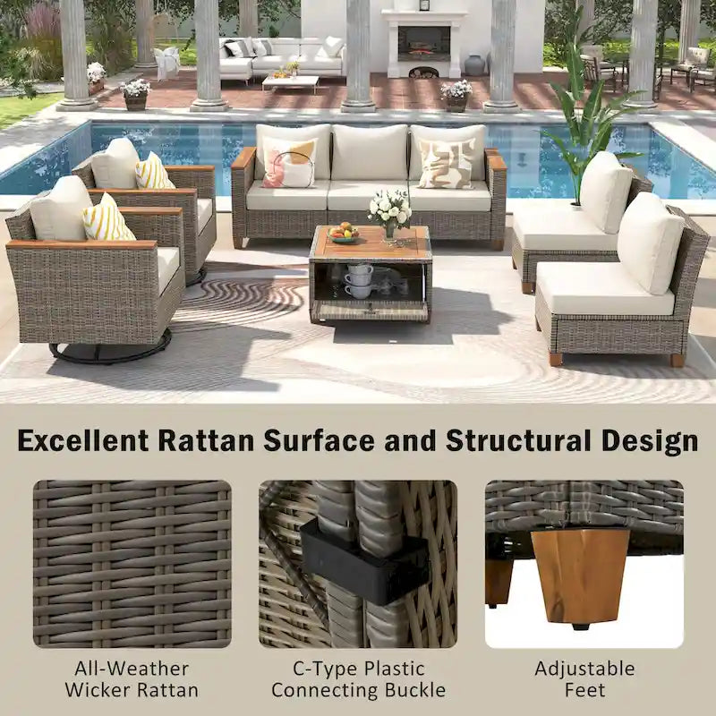 Ensemble de mobilier de patio 8 pièces avec table de rangement et fauteuils pivotants et à bascule en rotin, ensemble de conversation extérieur en osier pour jardin