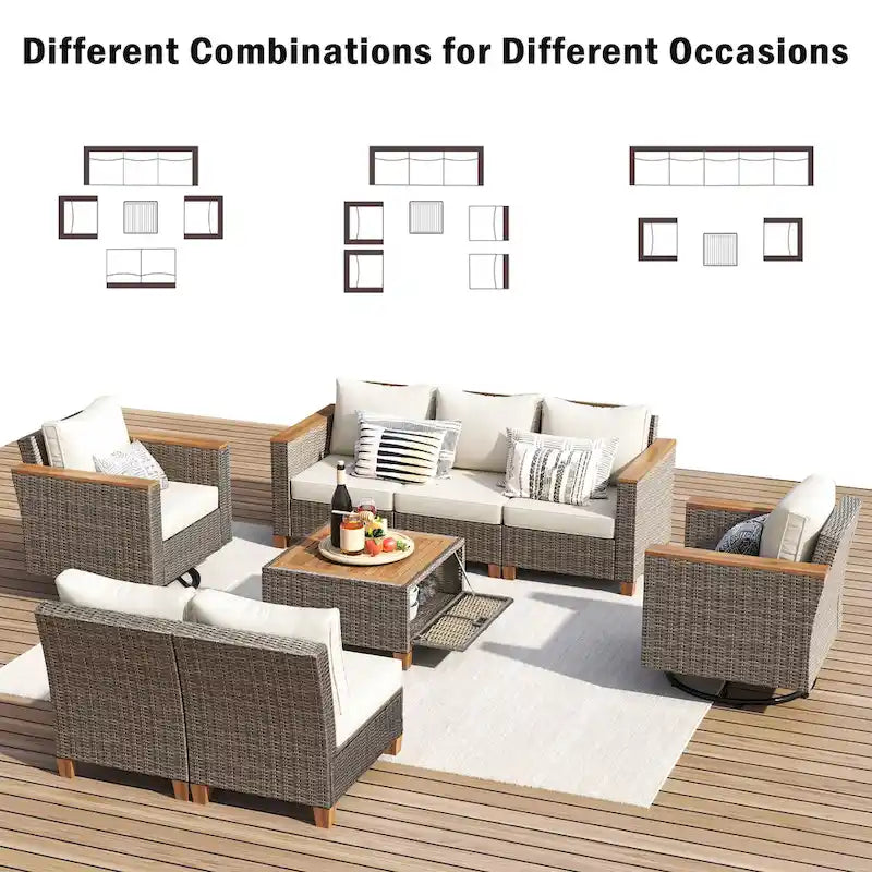 Ensemble de mobilier de patio 8 pièces avec table de rangement et fauteuils pivotants et à bascule en rotin, ensemble de conversation extérieur en osier pour jardin