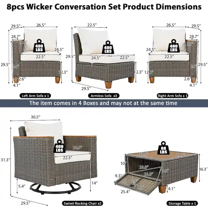 Ensemble de mobilier de patio 8 pièces avec table de rangement et fauteuils pivotants et à bascule en rotin, ensemble de conversation extérieur en osier pour jardin