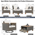 Ensemble de mobilier de patio 8 pièces avec table de rangement et fauteuils pivotants et à bascule en rotin, ensemble de conversation extérieur en osier pour jardin