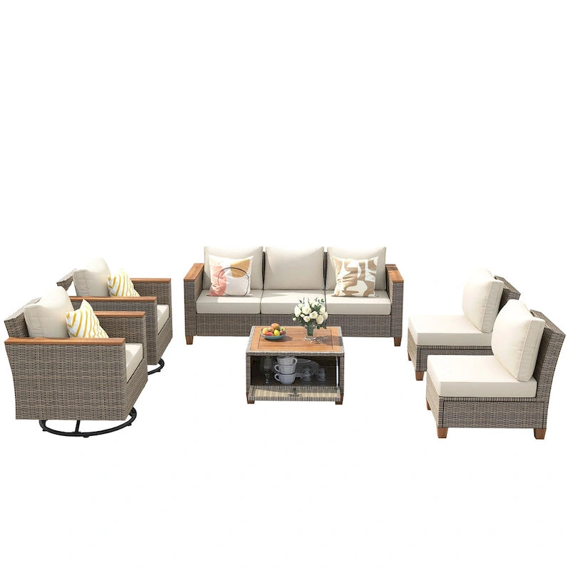 Ensemble de mobilier de patio 8 pièces avec table de rangement et fauteuils pivotants et à bascule en rotin, ensemble de conversation extérieur en osier pour jardin