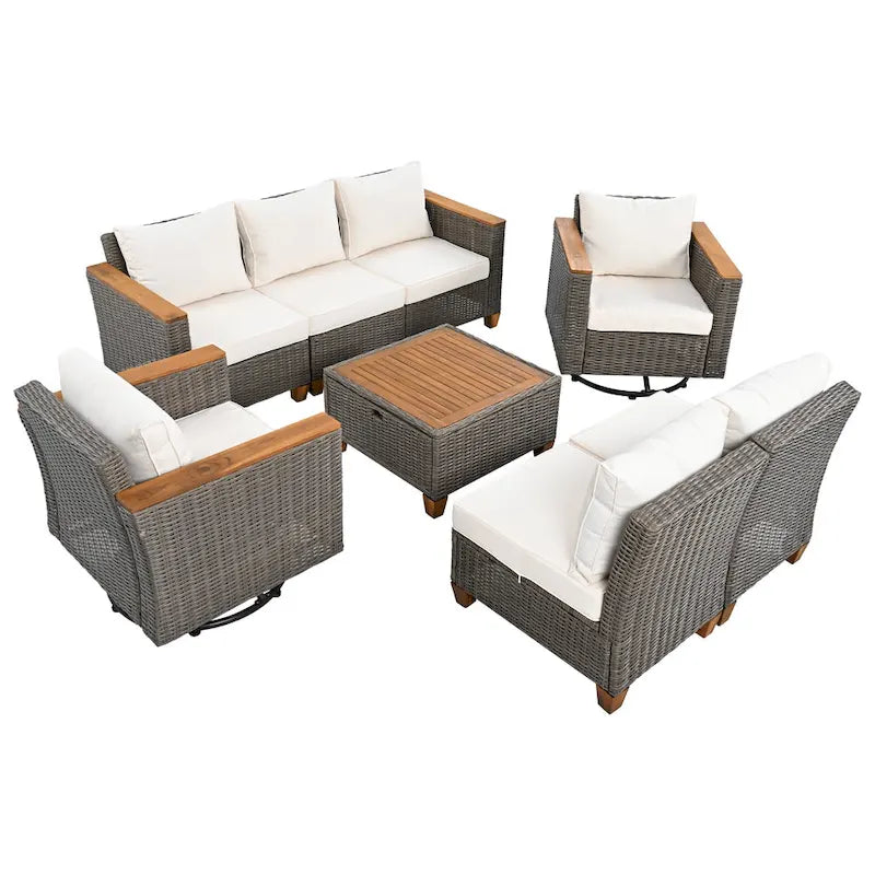 Ensemble de mobilier de patio 8 pièces avec table de rangement et fauteuils pivotants et à bascule en rotin, ensemble de conversation extérieur en osier pour jardin