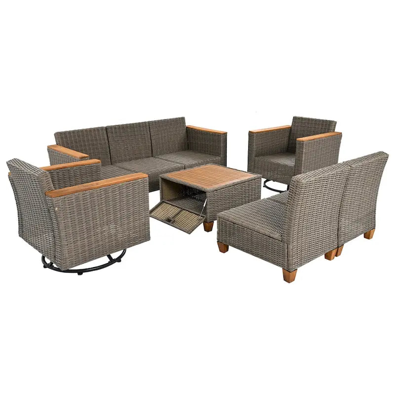 Ensemble de mobilier de patio 8 pièces avec table de rangement et fauteuils pivotants et à bascule en rotin, ensemble de conversation extérieur en osier pour jardin