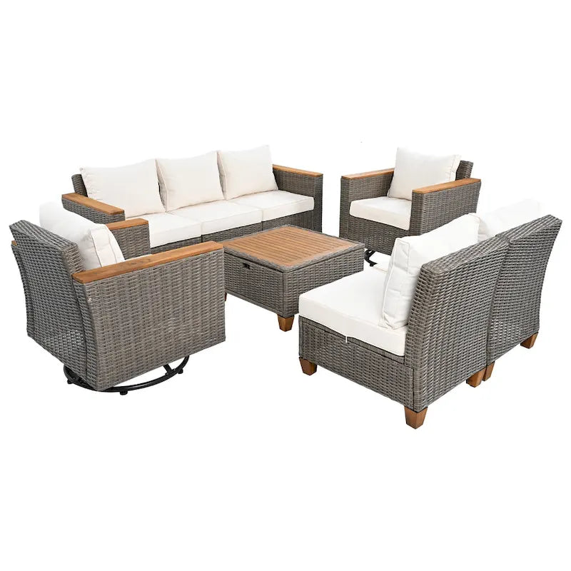 Ensemble de mobilier de patio 8 pièces avec table de rangement et fauteuils pivotants et à bascule en rotin, ensemble de conversation extérieur en osier pour jardin