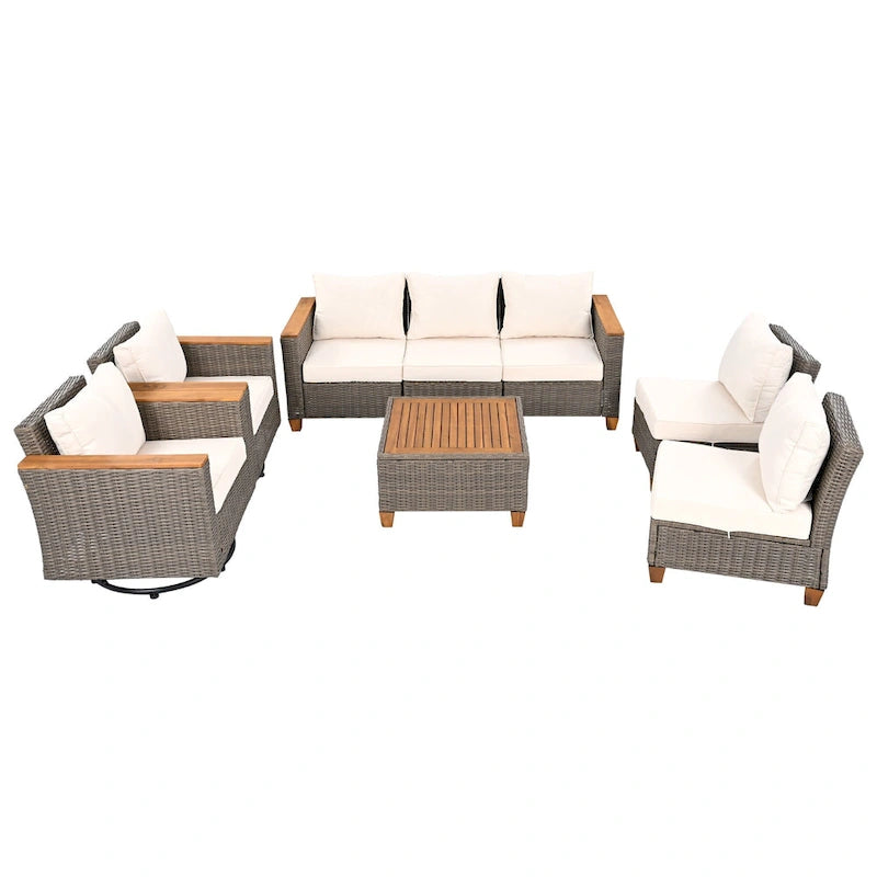 Ensemble de mobilier de patio 8 pièces avec table de rangement et fauteuils pivotants et à bascule en rotin, ensemble de conversation extérieur en osier pour jardin
