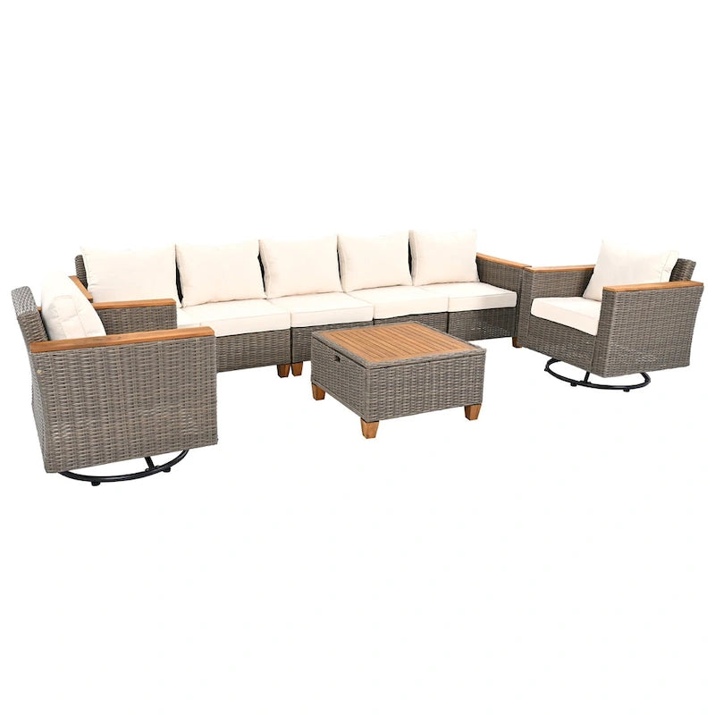 Ensemble de mobilier de patio 8 pièces avec table de rangement et fauteuils pivotants et à bascule en rotin, ensemble de conversation extérieur en osier pour jardin