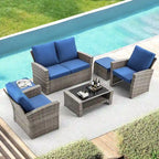 Ensemble de canapé d'angle d'extérieur 6 pièces, meubles de patio en rotin PE avec table basse de rangement et ottoman, coussins, pour jardin