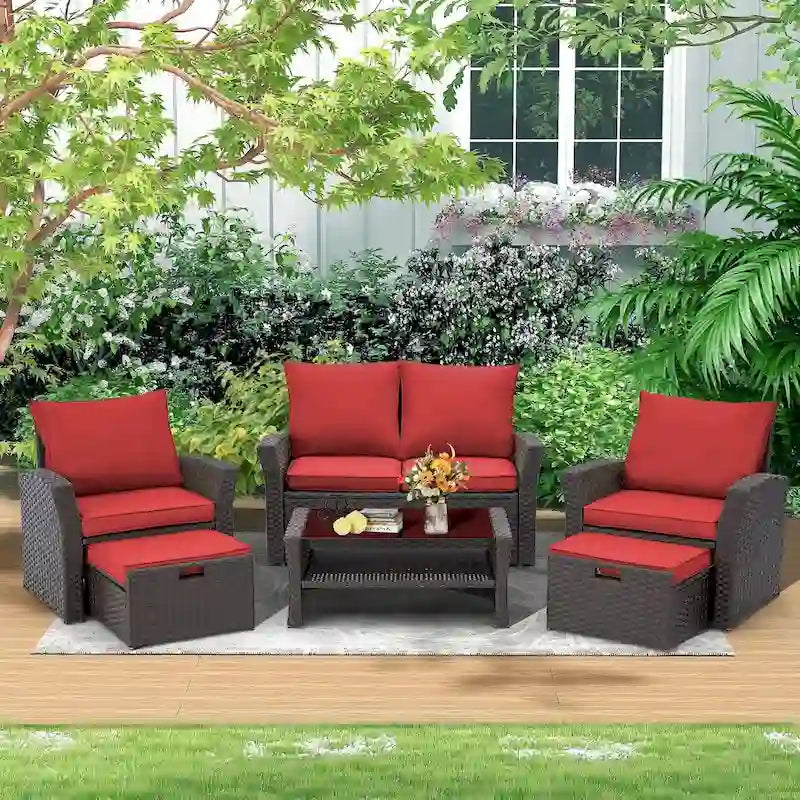 6-Piece Outdoor Sectional Sofa Set, PE Wicker Patio Furniture with Storage Coffee Table & Ottoman, Cushions, for Garden